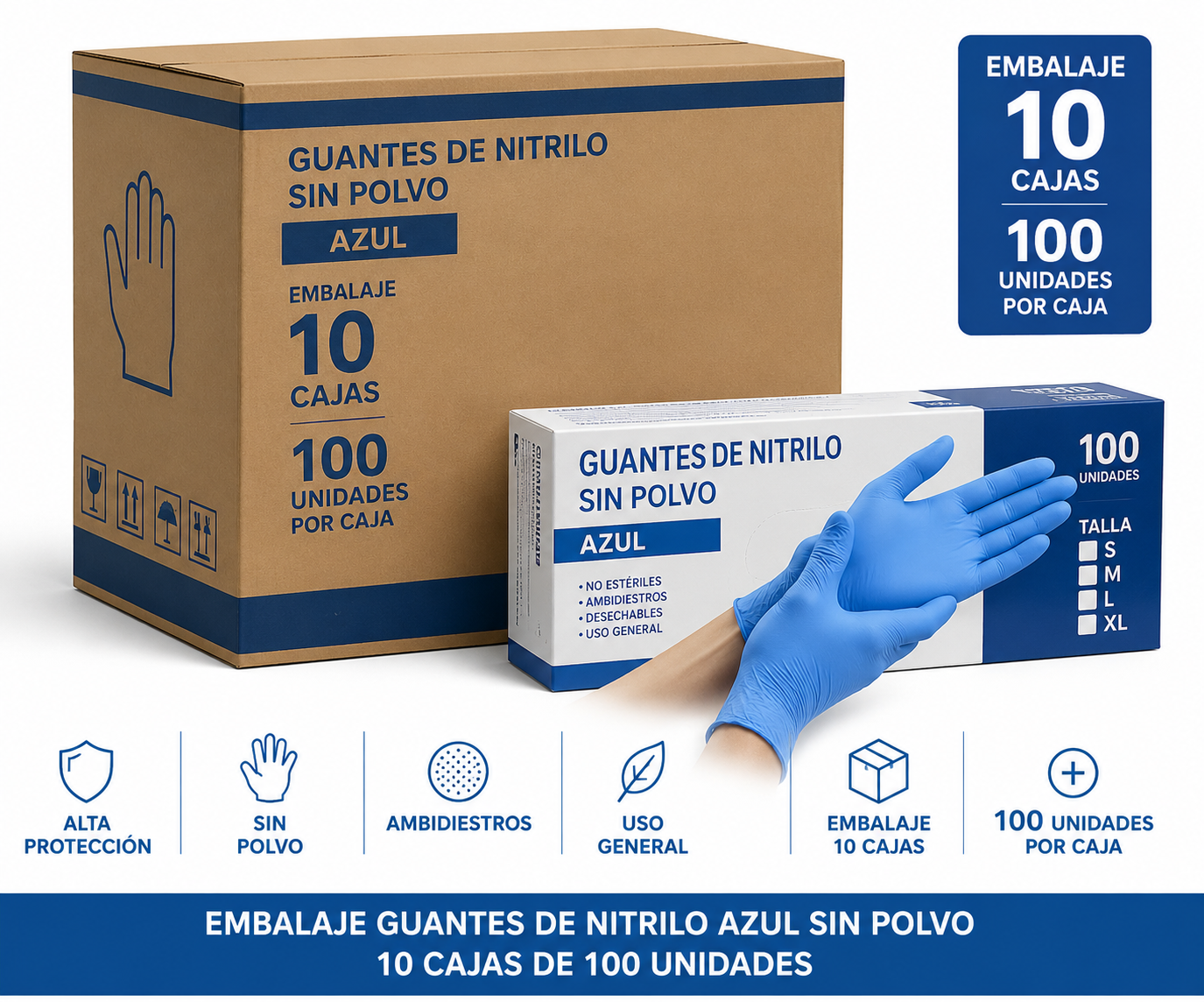 embalaje nitrilo azul Embalaje Guantes de Nitrilo Azul Sin Polvo 3.5 Gr 10 Cajas de 100 Unidades - Imagen 1