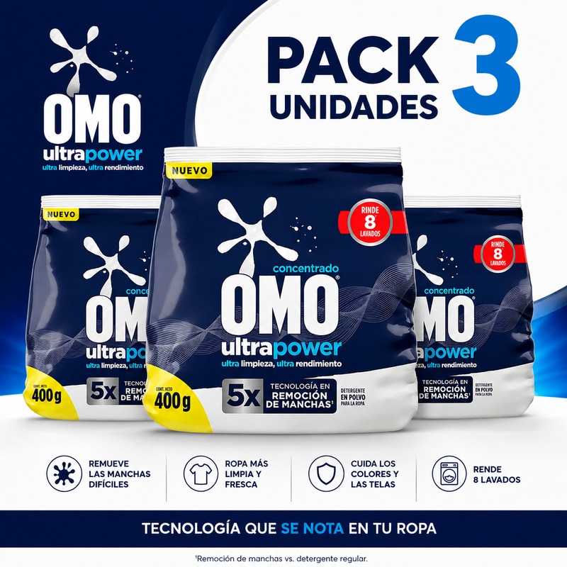 Pack 3 Omo en Polvo UltraPower Concentrado 400gr Omo en Polvo