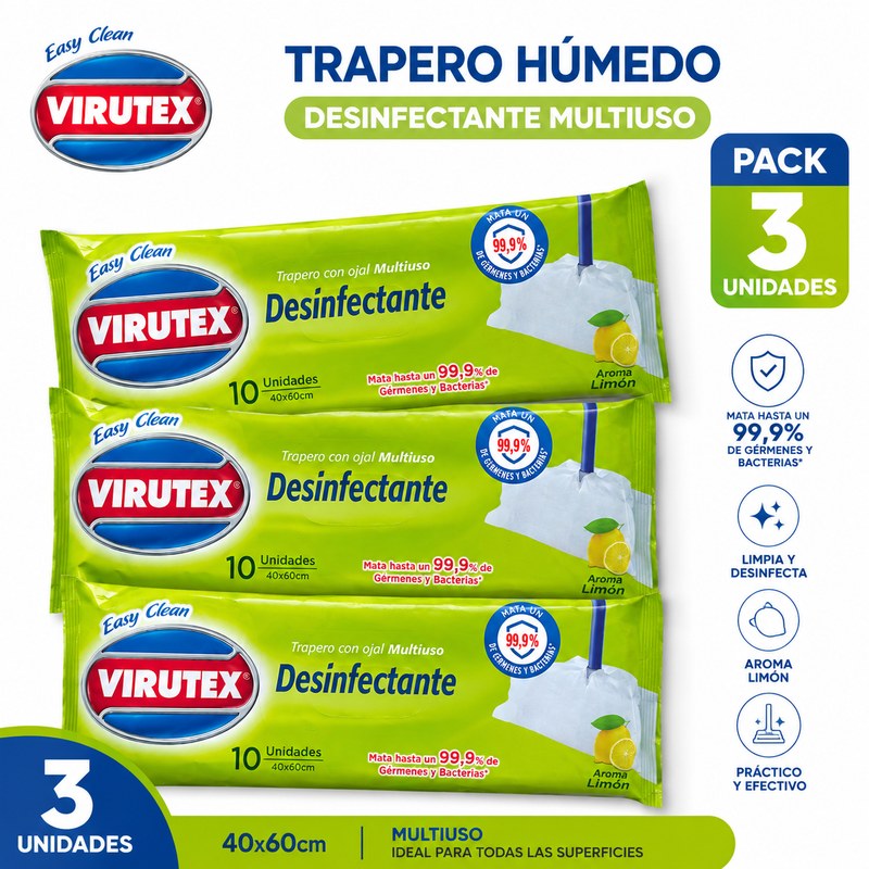 Pack Trapero Húmedo Desinfectante 3 x 10 Unidades – Virutex Pack Trapero Húmedo Desinfectante