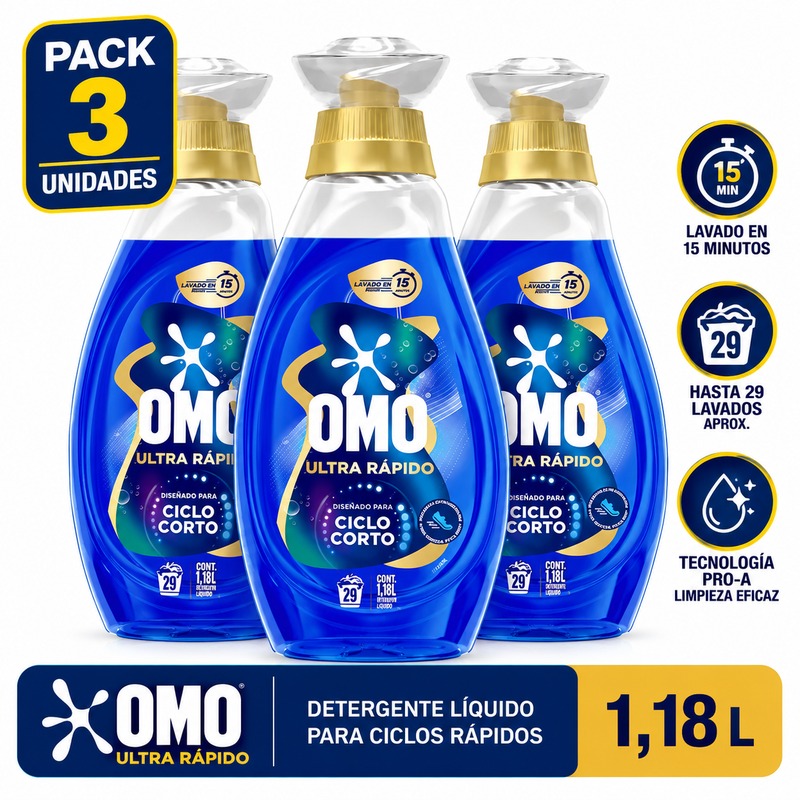 Pack 3 OMO Líquido Ultra Rápido 1,18 Litros OMO Líquido Ultra Rápido